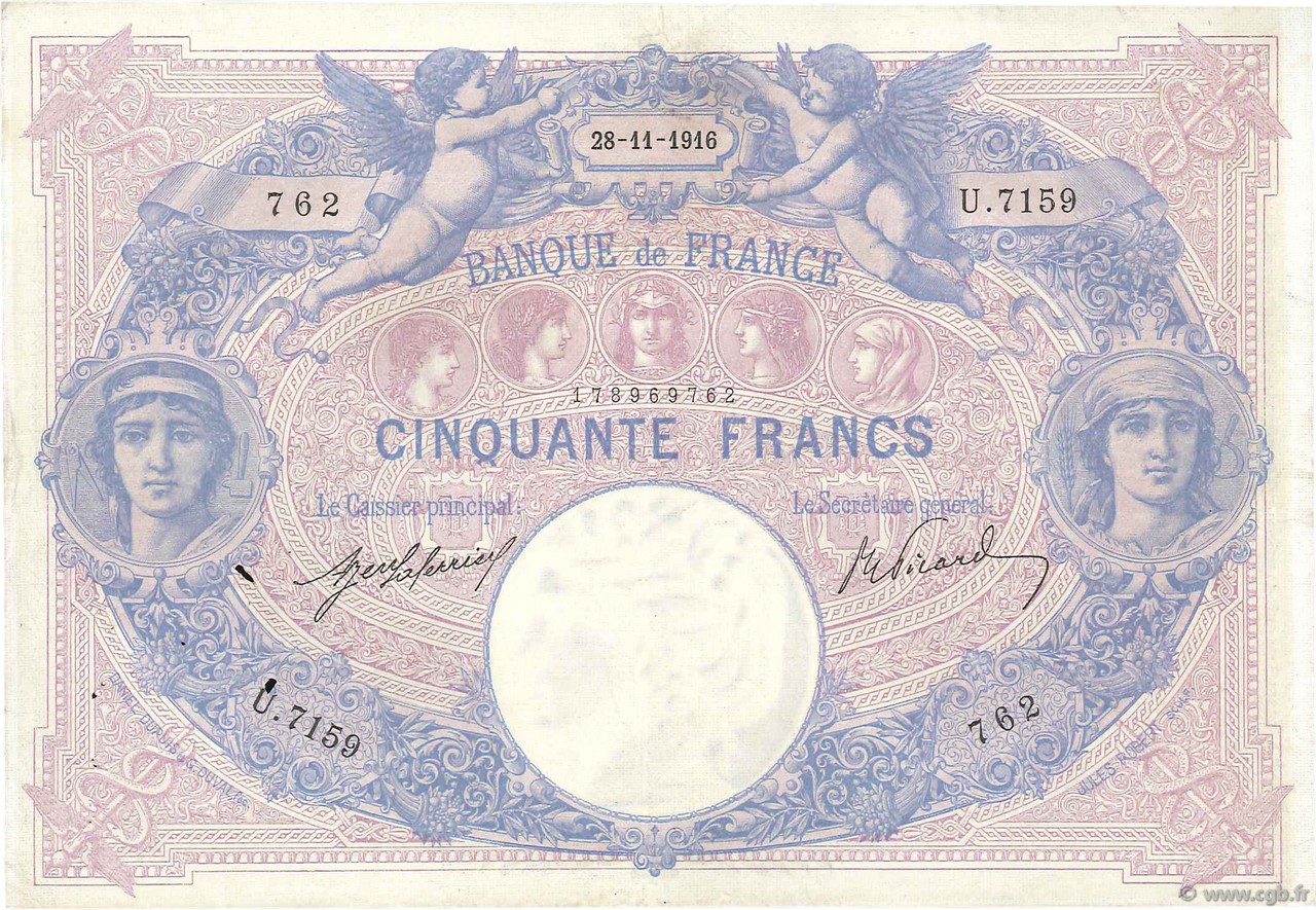 50 Francs BLEU ET ROSE FRANCE  1916 F.14.29 VF