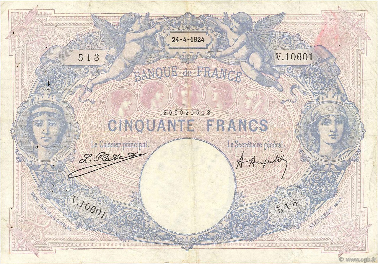 50 Francs BLEU ET ROSE Numéro radar FRANCIA  1924 F.14.37 BC