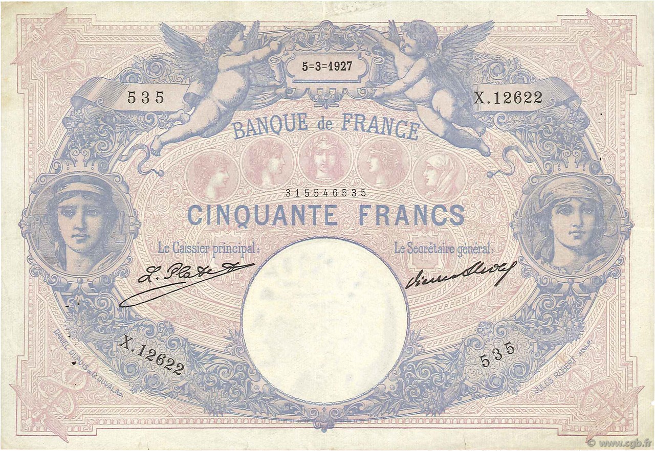 50 Francs BLEU ET ROSE Numéro radar FRANCIA  1927 F.14.40 MBC