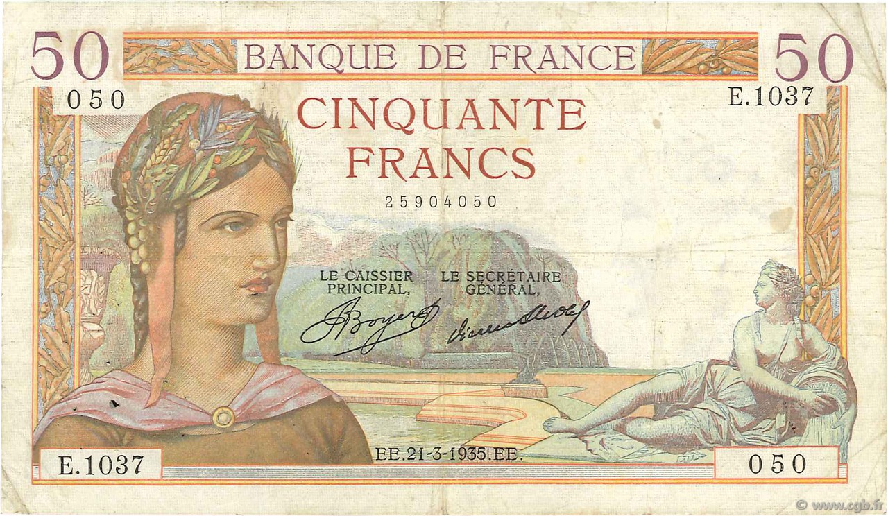 50 Francs CÉRÈS Numéro radar FRANCIA  1935 F.17.06 BC+