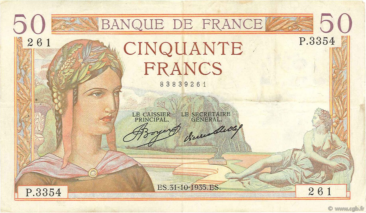 50 Francs CÉRÈS FRANCE  1935 F.17.19 pr.TTB