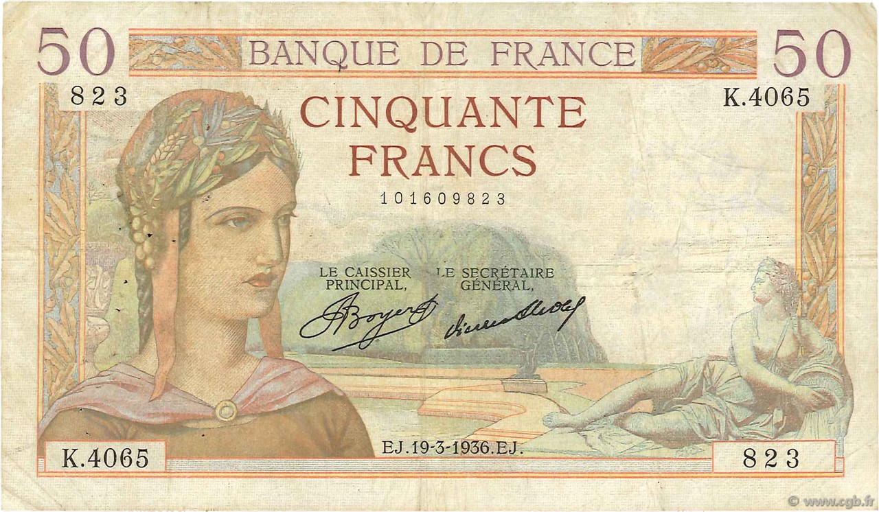 50 Francs CÉRÈS FRANCIA  1936 F.17.23 BC+