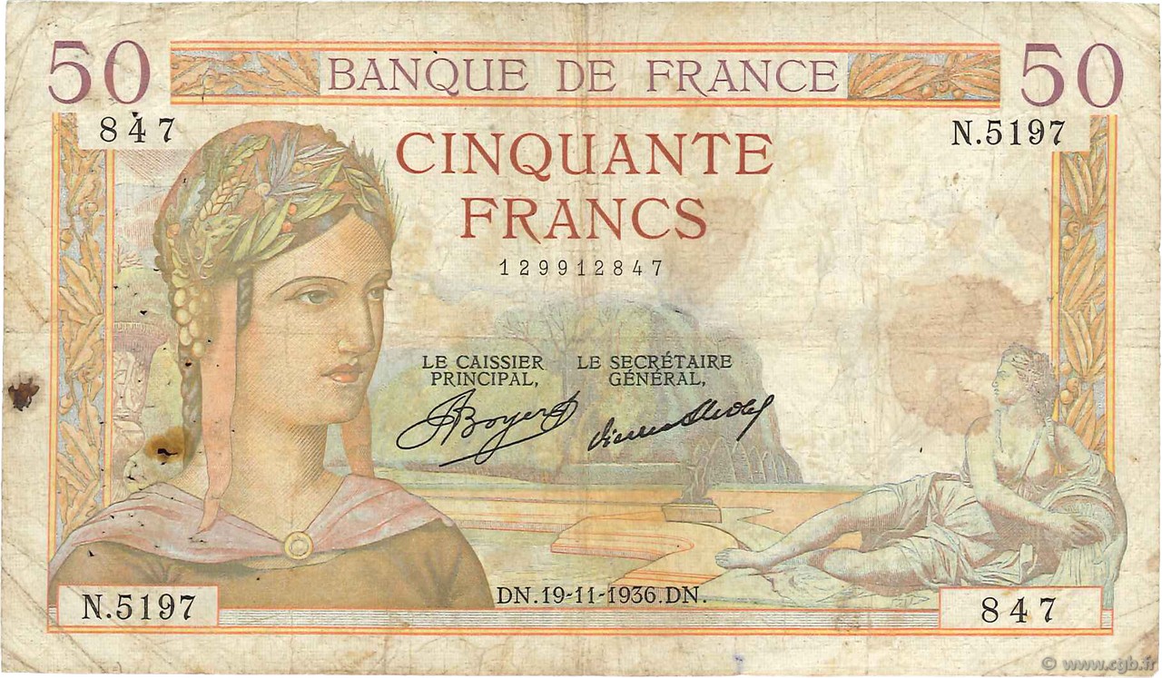 50 Francs CÉRÈS FRANKREICH  1936 F.17.31 SGE