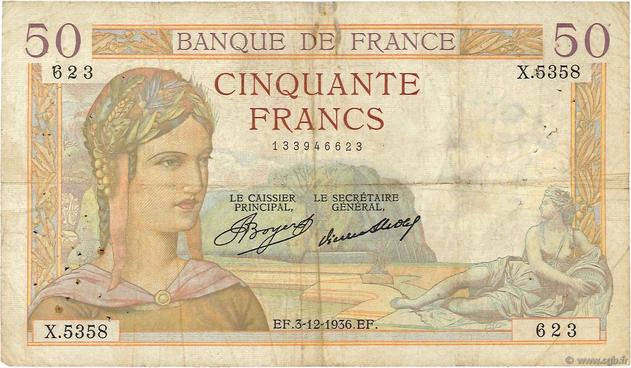 50 Francs CÉRÈS FRANKREICH  1936 F.17.32 S