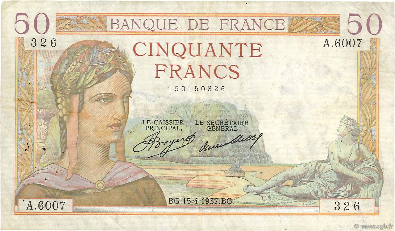 50 Francs CÉRÈS FRANCE  1937 F.17.37 TB+