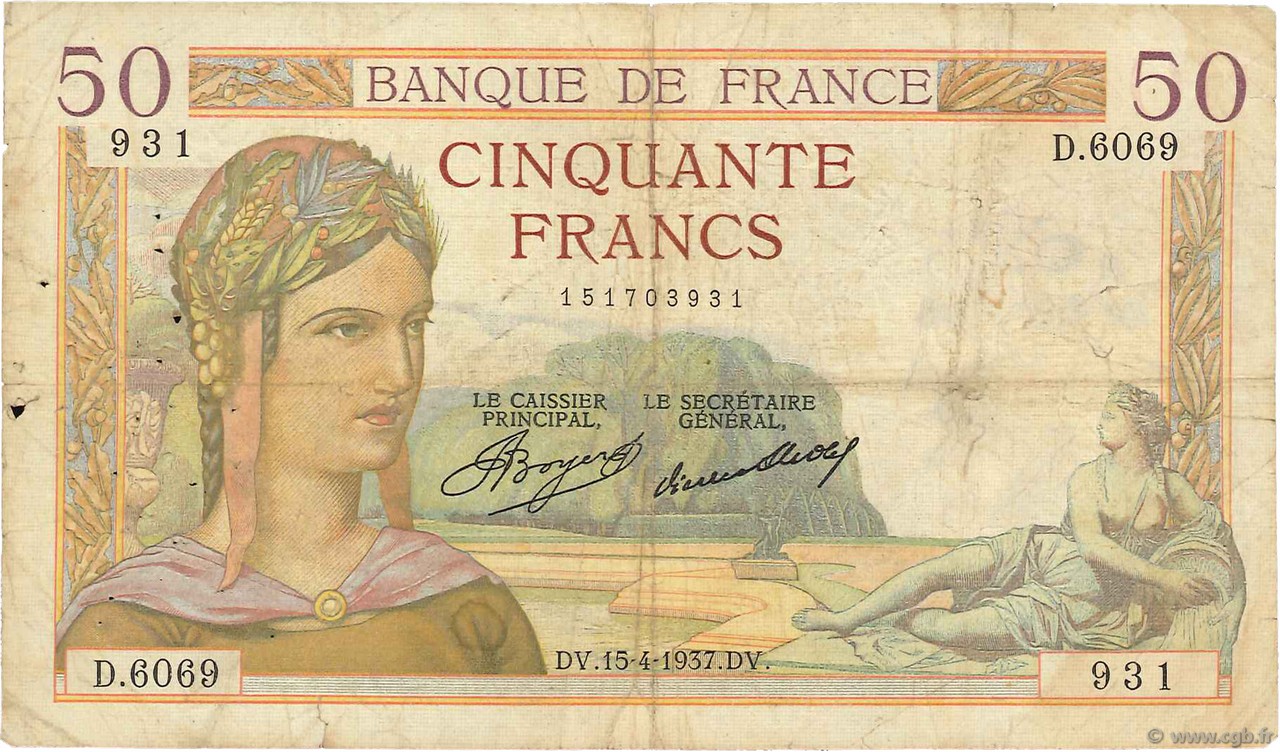50 Francs CÉRÈS FRANKREICH  1937 F.17.37 SGE