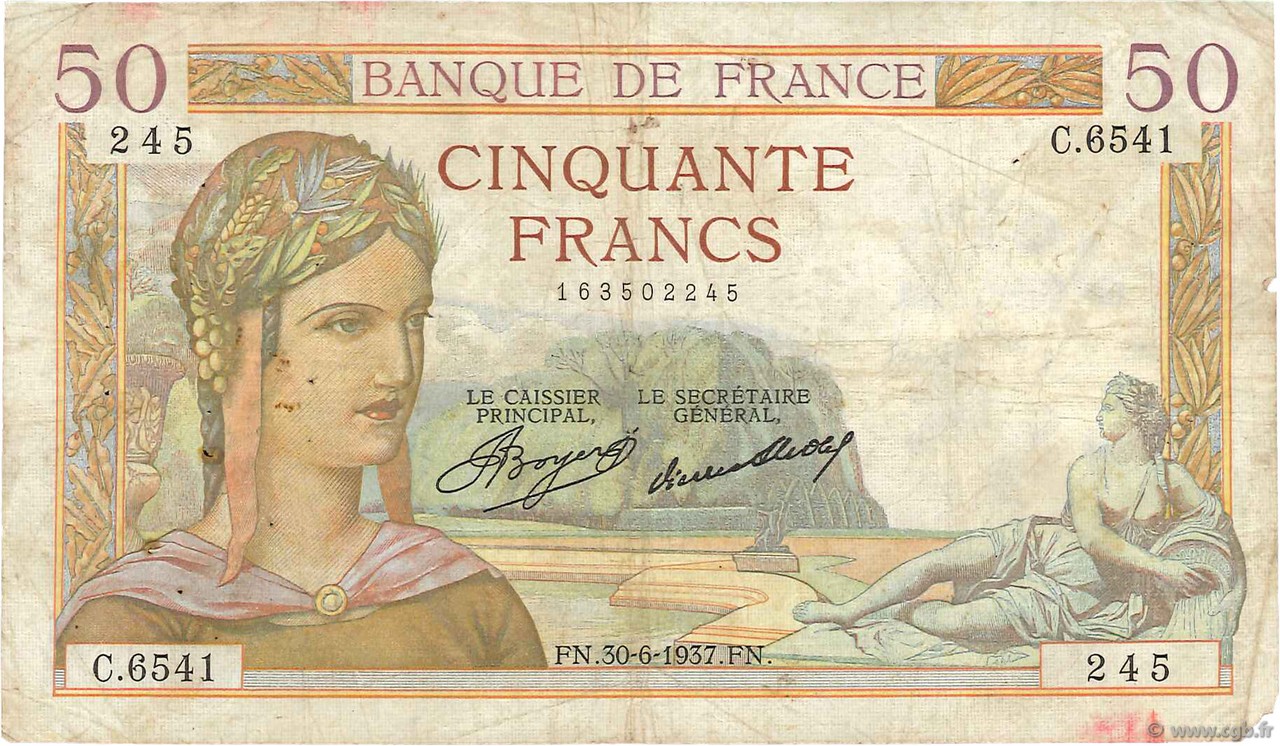50 Francs CÉRÈS FRANKREICH  1937 F.17.40 SGE