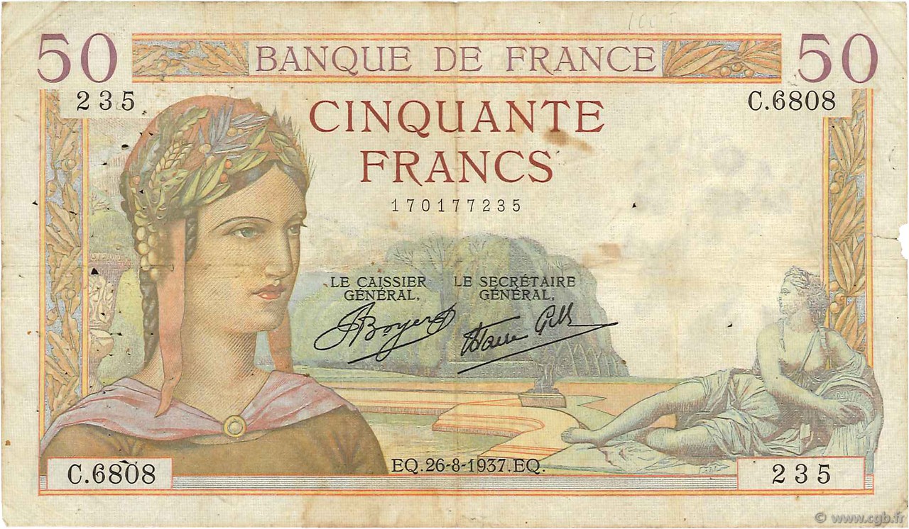 50 Francs CÉRÈS modifié FRANKREICH  1937 F.18.02 SGE