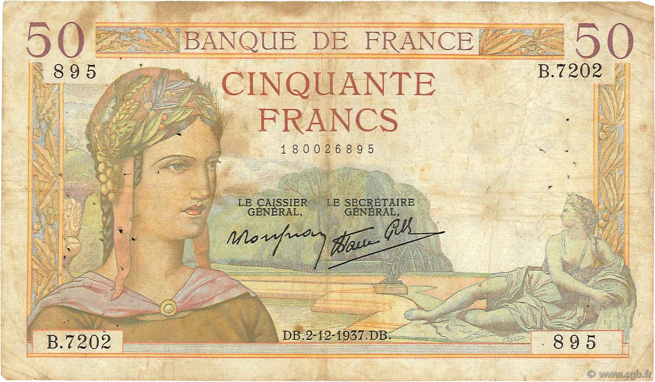 50 Francs CÉRÈS modifié FRANCE  1937 F.18.05 VG