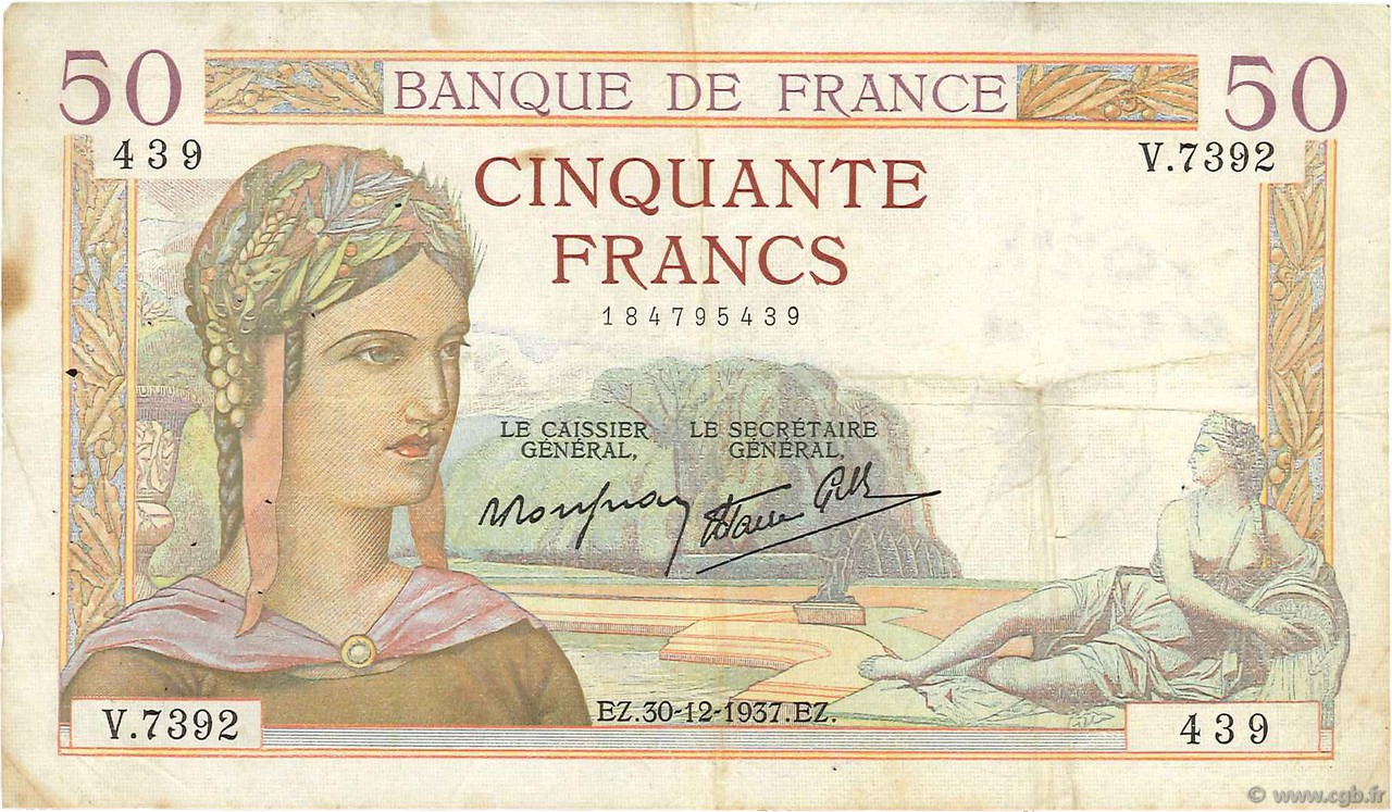 50 Francs CÉRÈS modifié FRANKREICH  1937 F.18.06 fSS