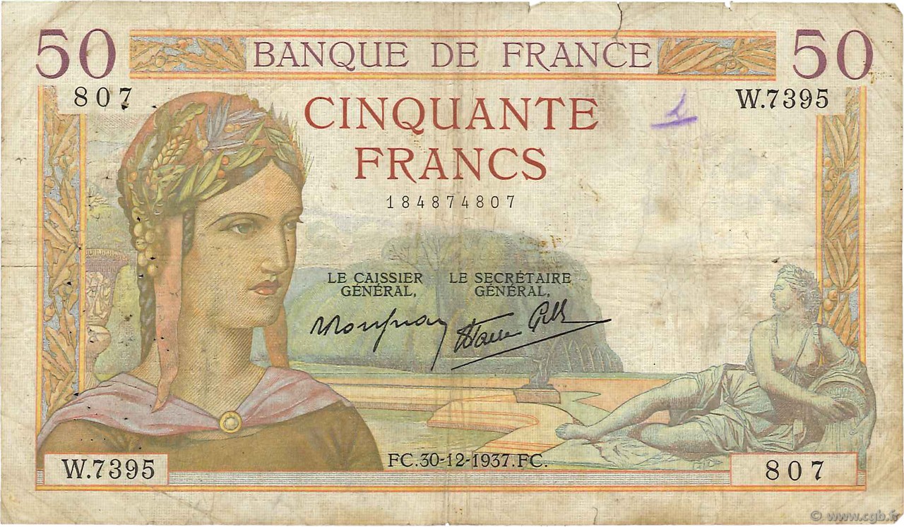 50 Francs CÉRÈS modifié FRANCE  1937 F.18.06 G