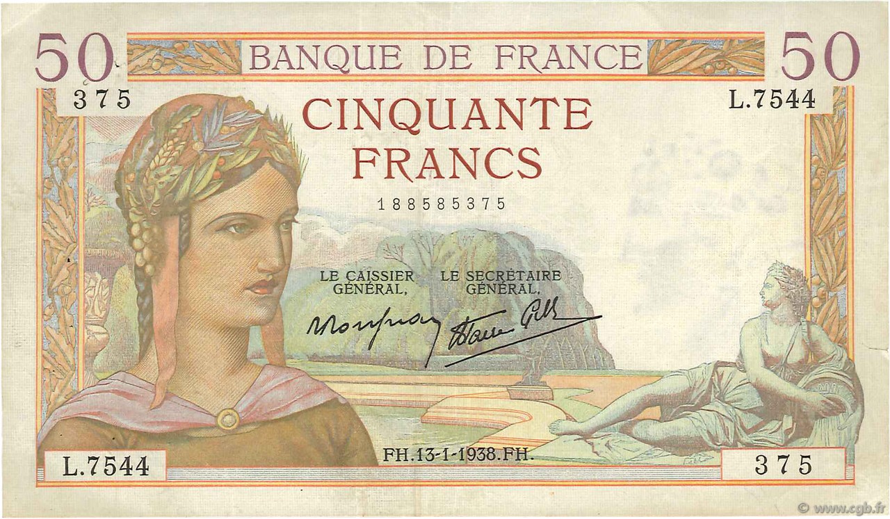 50 Francs CÉRÈS modifié FRANCIA  1938 F.18.07 MBC+