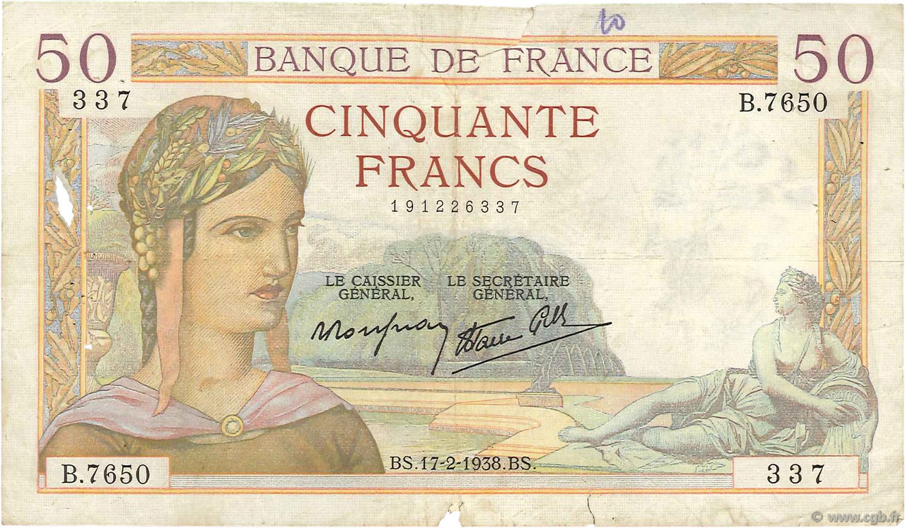 50 Francs CÉRÈS modifié FRANCE  1938 F.18.09 F-