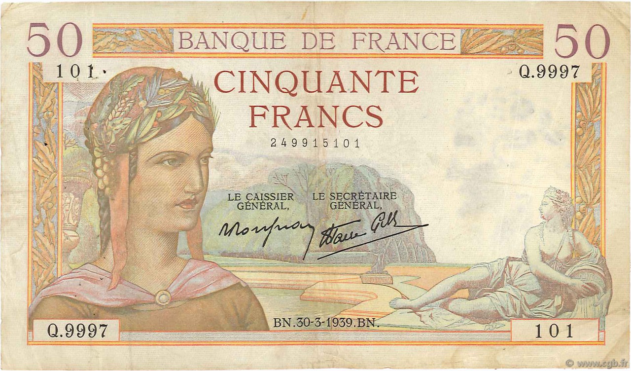 50 Francs CÉRÈS modifié Numéro radar FRANKREICH  1939 F.18.24 fSS