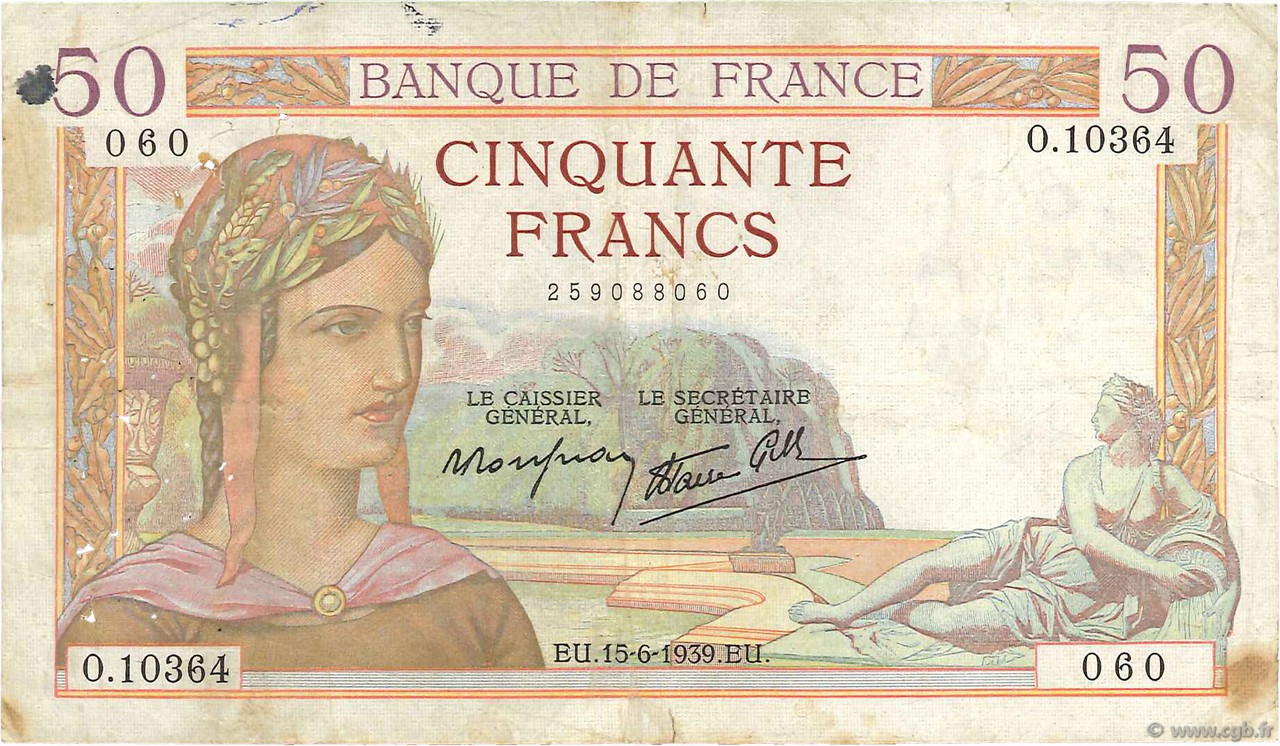 50 Francs CÉRÈS modifié Numéro radar FRANKREICH  1939 F.18.26 fS