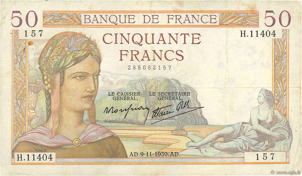 50 Francs CÉRÈS modifié FRANCE  1939 F.18.34 TB