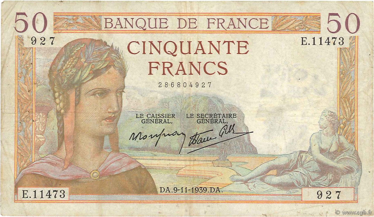 50 Francs CÉRÈS modifié FRANCE  1939 F.18.34 TB
