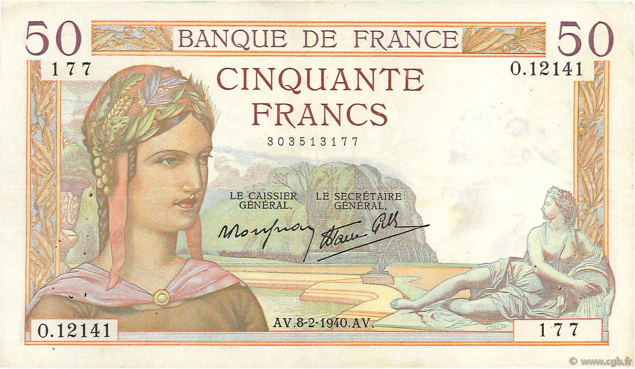 50 Francs CÉRÈS modifié FRANKREICH  1940 F.18.38 fVZ