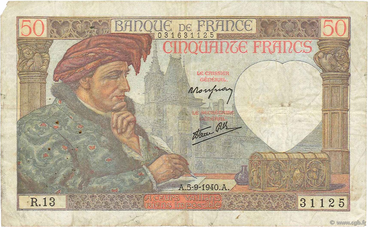 50 Francs JACQUES CŒUR FRANCE  1940 F.19.02 F-