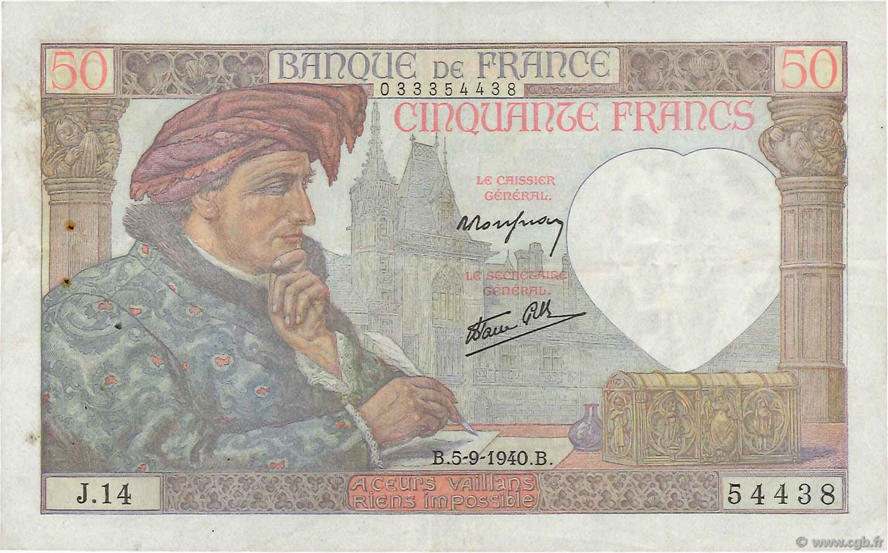 50 Francs JACQUES CŒUR FRANCE  1940 F.19.02 VF