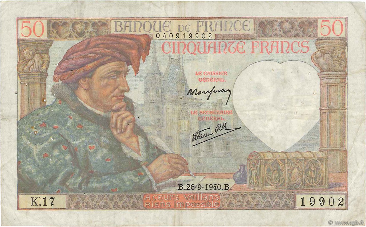 50 Francs JACQUES CŒUR FRANCE  1940 F.19.03 F+