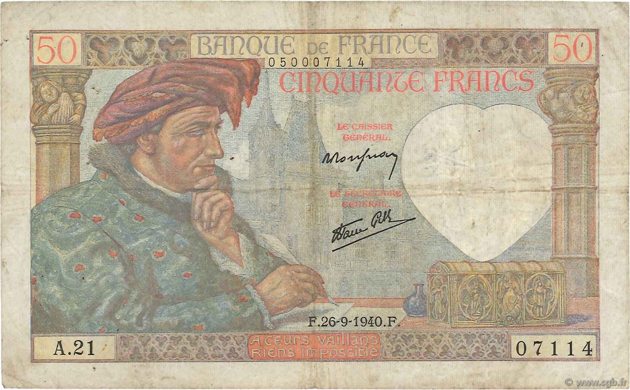 50 Francs JACQUES CŒUR FRANCIA  1940 F.19.03 RC+