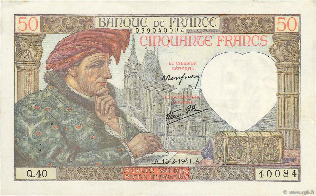 50 Francs JACQUES CŒUR FRANCE  1941 F.19.06 VF+