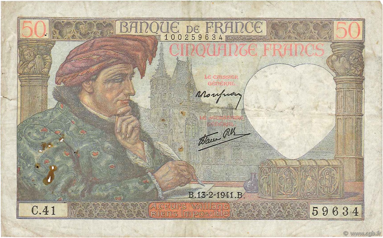 50 Francs JACQUES CŒUR FRANCE  1941 F.19.06 VG