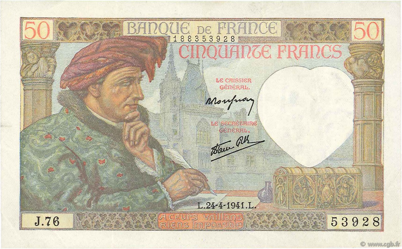 50 Francs JACQUES CŒUR FRANCE  1941 F.19.09 TTB+