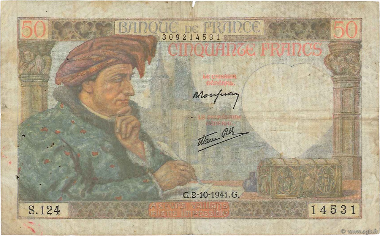 50 Francs JACQUES CŒUR FRANCE  1941 F.19.15 G