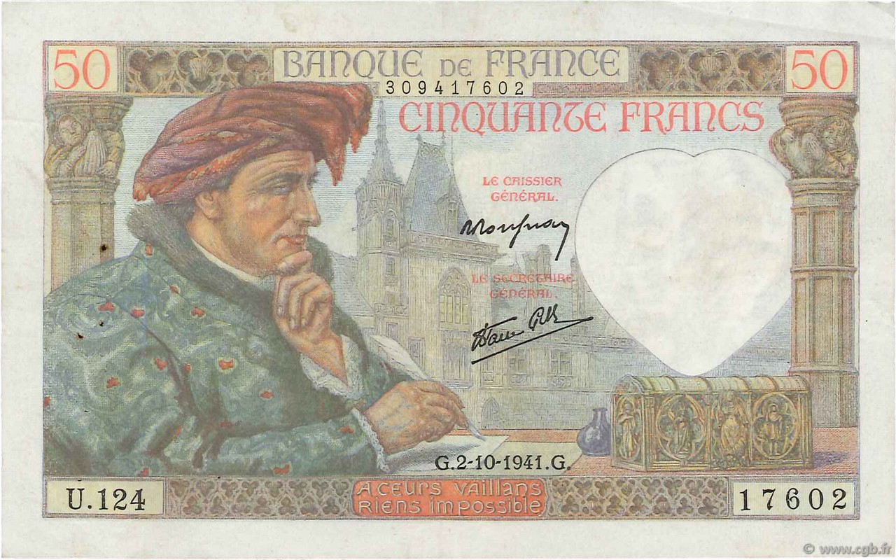 50 Francs JACQUES CŒUR FRANCIA  1941 F.19.15 q.SPL