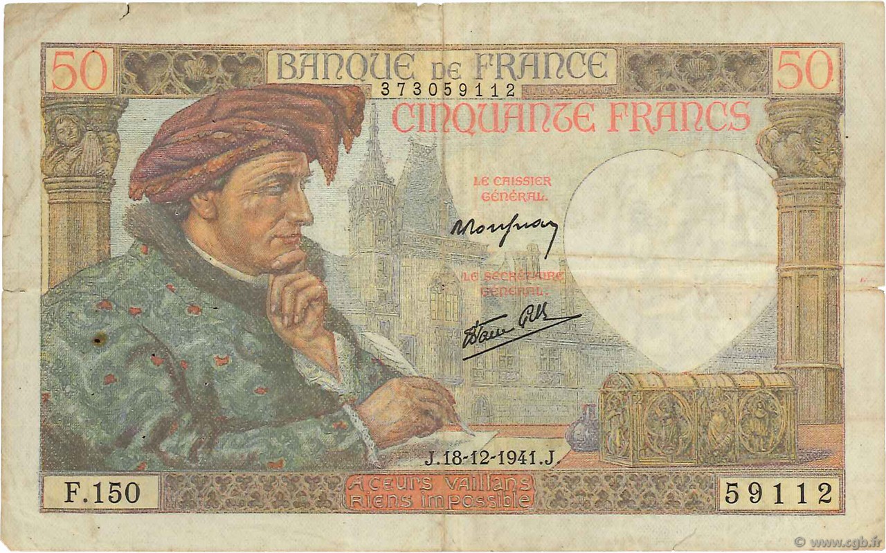 50 Francs JACQUES CŒUR FRANCIA  1941 F.19.17 MB
