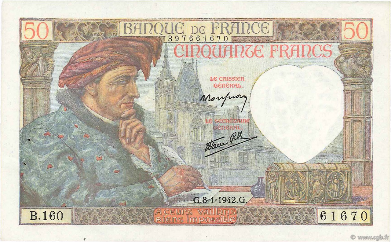 50 Francs JACQUES CŒUR FRANCE  1942 F.19.18 SPL