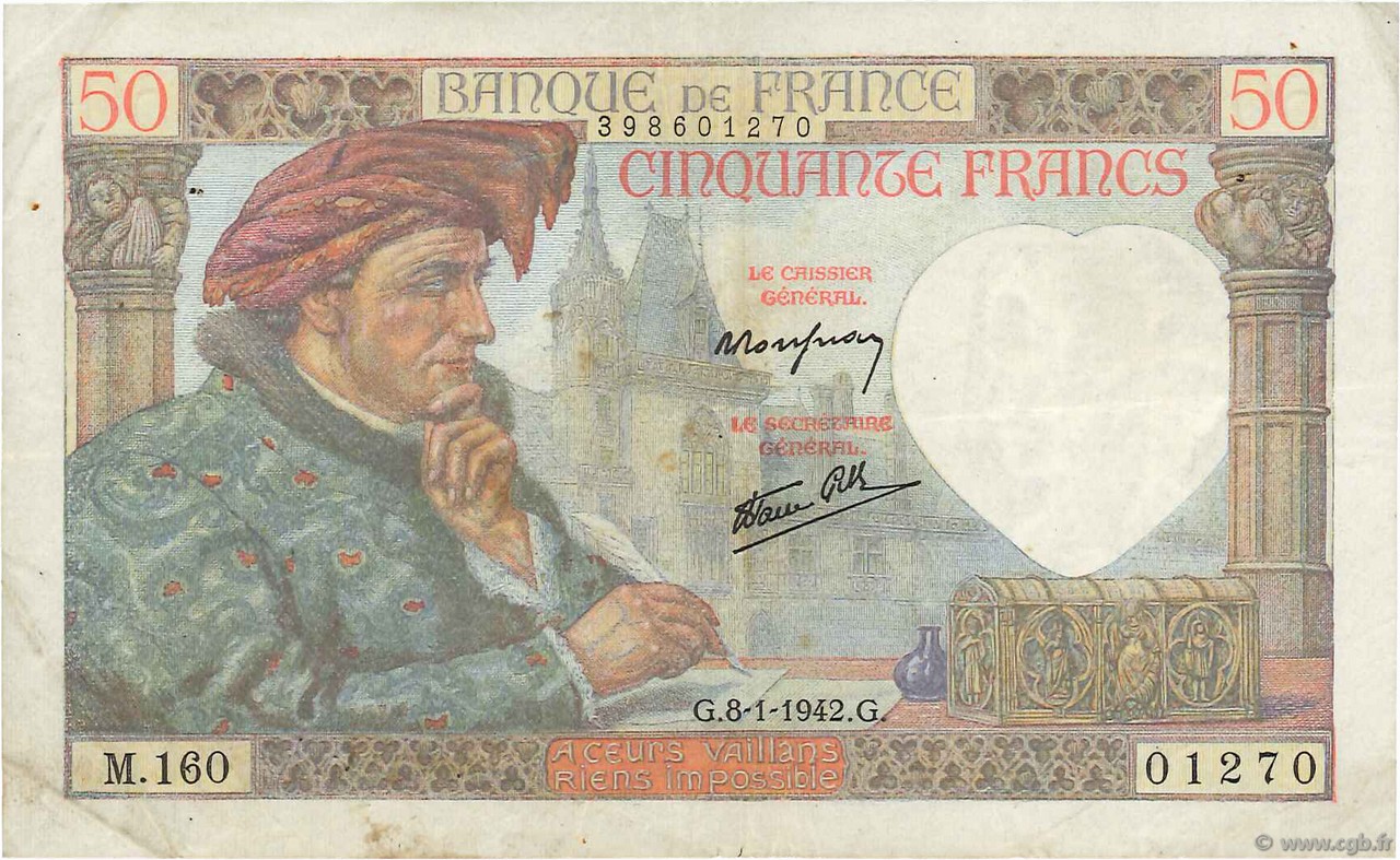 50 Francs JACQUES CŒUR FRANCIA  1942 F.19.18 q.BB