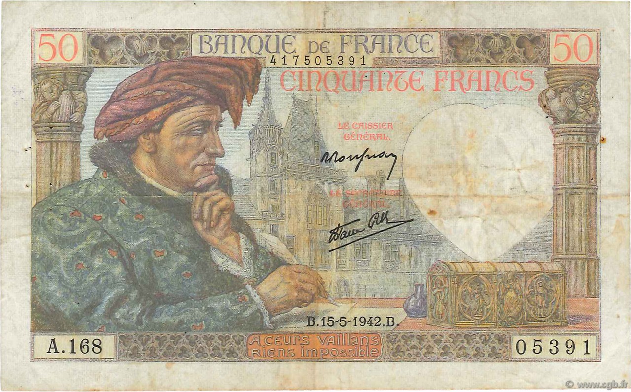 50 Francs JACQUES CŒUR FRANCE  1942 F.19.20 F