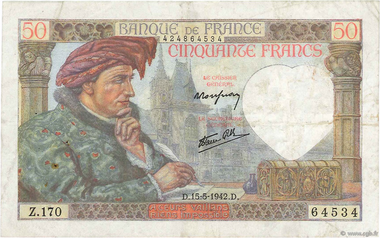 50 Francs JACQUES CŒUR FRANCIA  1942 F.19.20 MBC