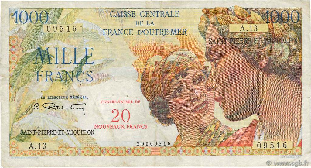 20 NF sur 1000 Francs Union Française SAN PEDRO Y MIGUELóN  1964 P.34 BC+