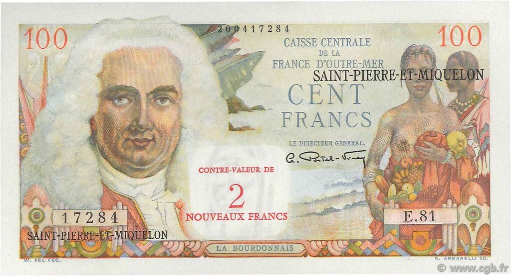 2 NF sur 100 Francs La Bourdonnais SAINT PIERRE E MIQUELON  1960 P.32 FDC