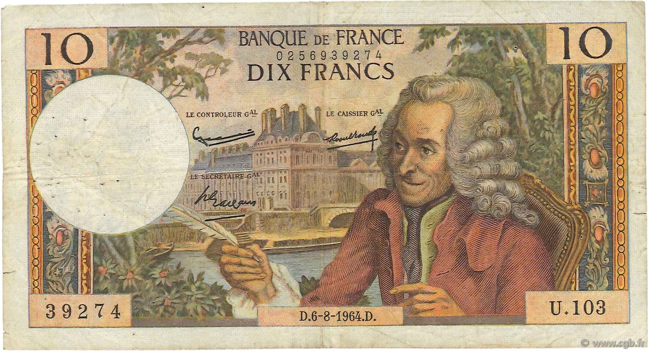 10 Francs VOLTAIRE FRANCE  1964 F.62.10 F-