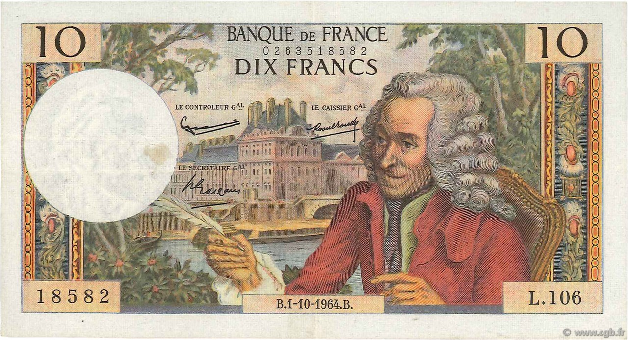 10 Francs VOLTAIRE FRANCE  1964 F.62.11 VF