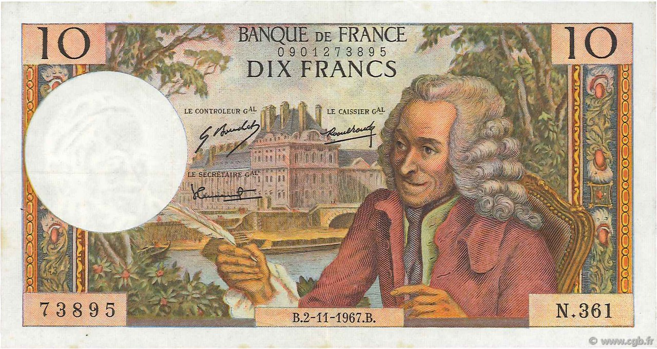10 Francs VOLTAIRE FRANCE  1967 F.62.29 VF+