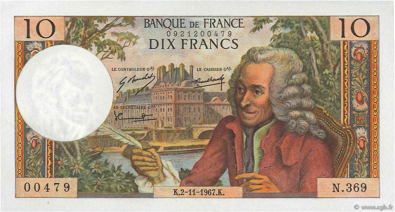 10 Francs VOLTAIRE FRANCE  1967 F.62.29 XF
