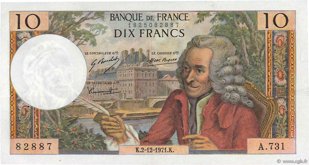 10 Francs VOLTAIRE FRANCE  1971 F.62.53 VF+