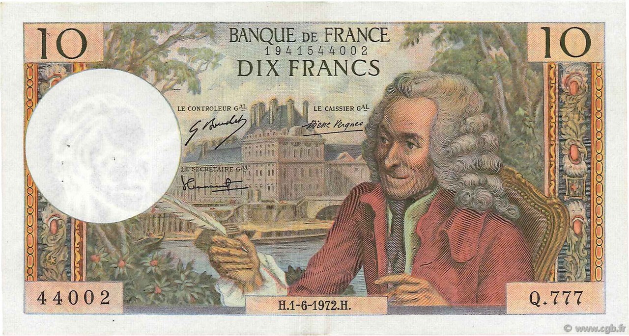 10 Francs VOLTAIRE FRANCE  1972 F.62.56 XF-