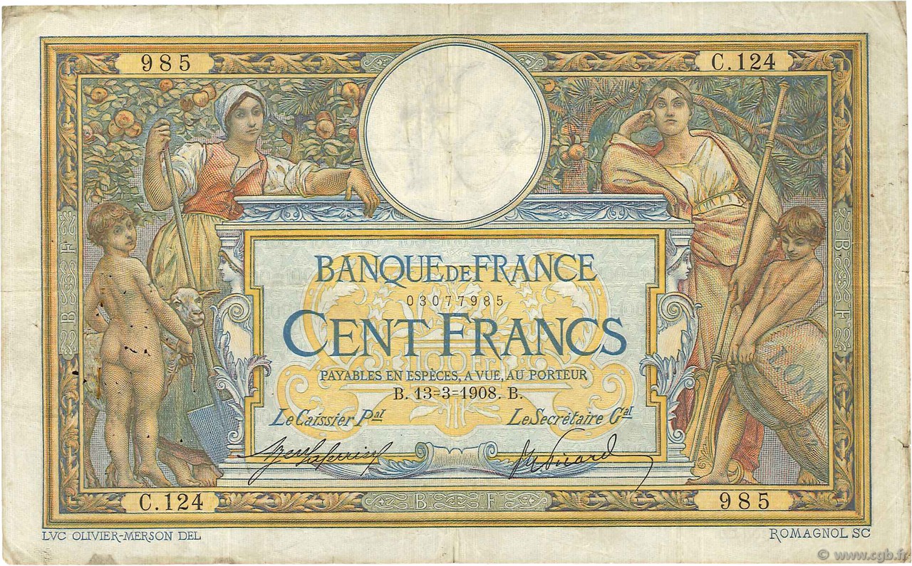 100 Francs LUC OLIVIER MERSON avec LOM FRANCE  1908 F.22.01 pr.TB