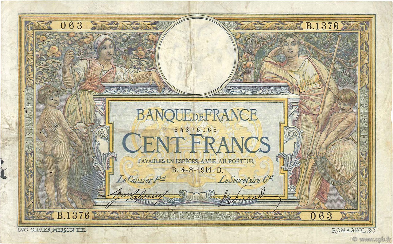 100 Francs LUC OLIVIER MERSON sans LOM FRANCE  1911 F.23.03 pr.TB