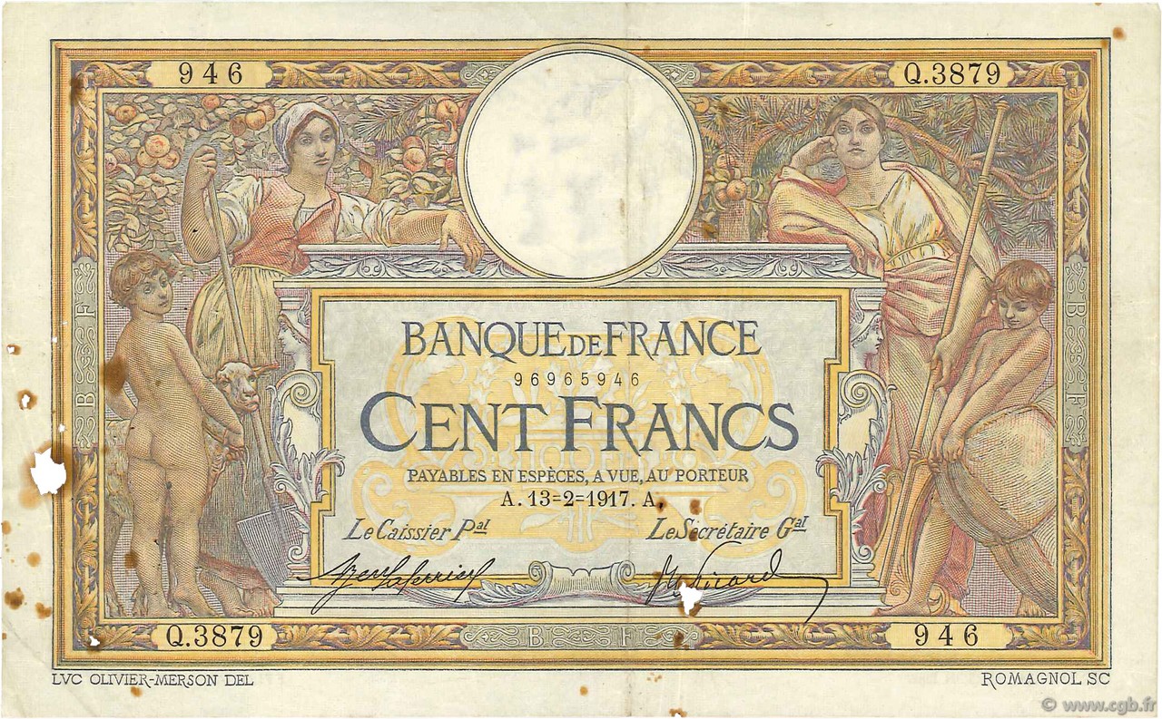 100 Francs LUC OLIVIER MERSON sans LOM FRANCE  1917 F.23.09 G