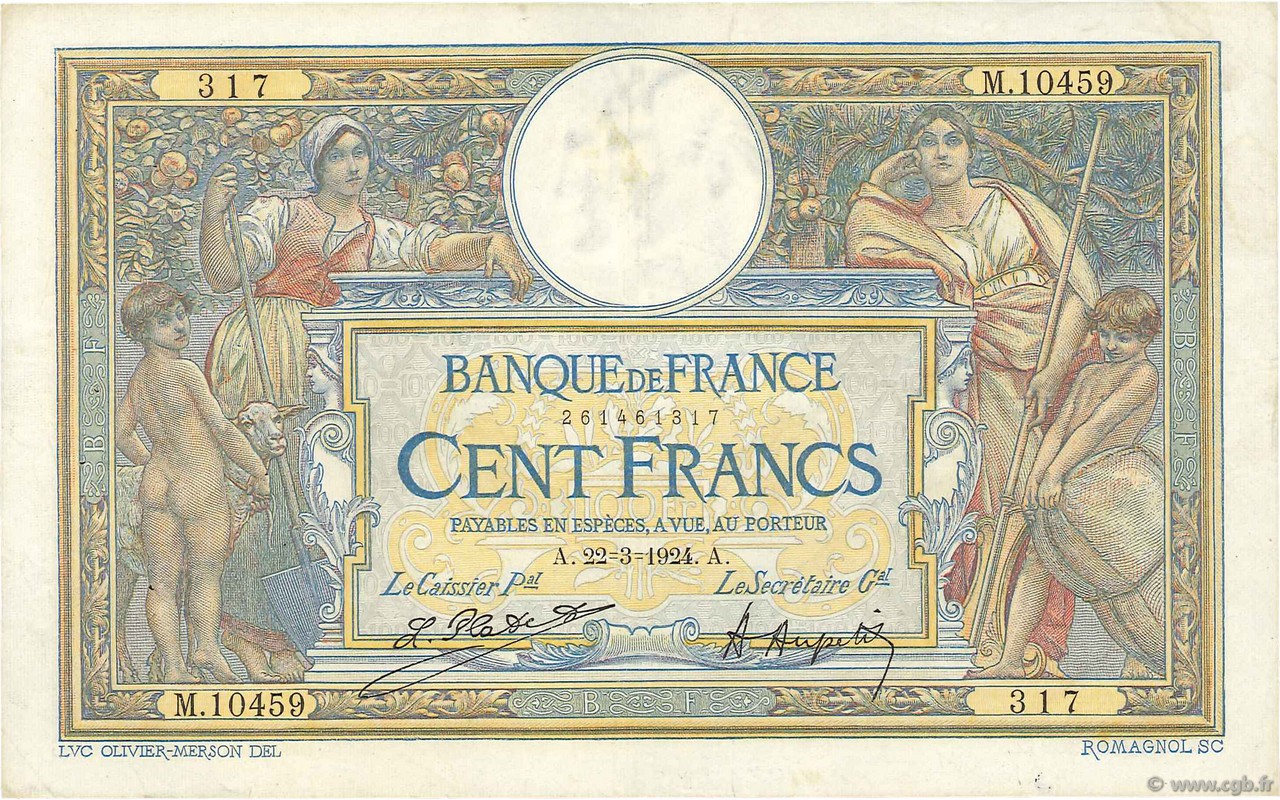 100 Francs LUC OLIVIER MERSON grands cartouches FRANCE  1924 F.24.02 TTB