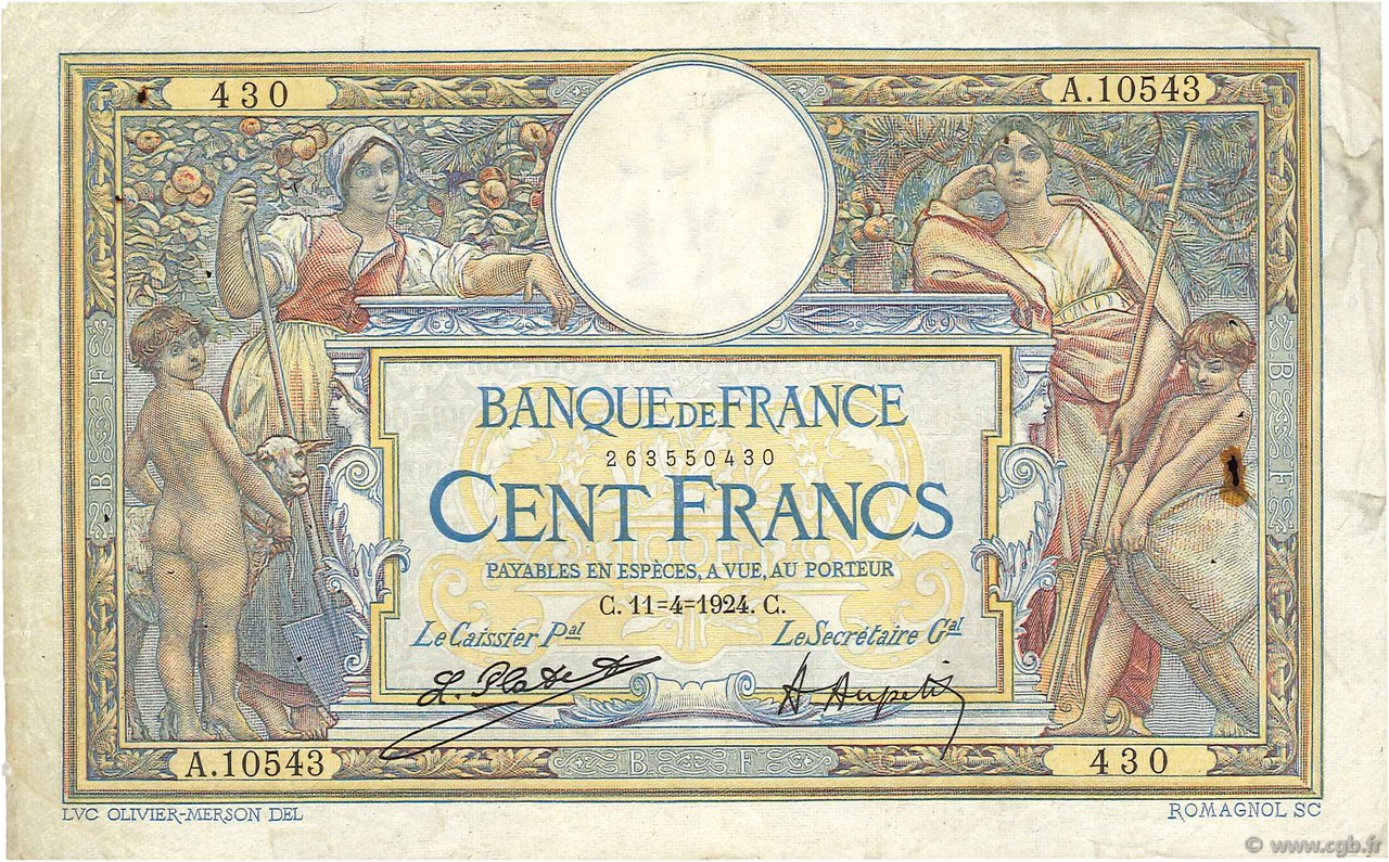 100 Francs LUC OLIVIER MERSON grands cartouches FRANCIA  1924 F.24.02 MB