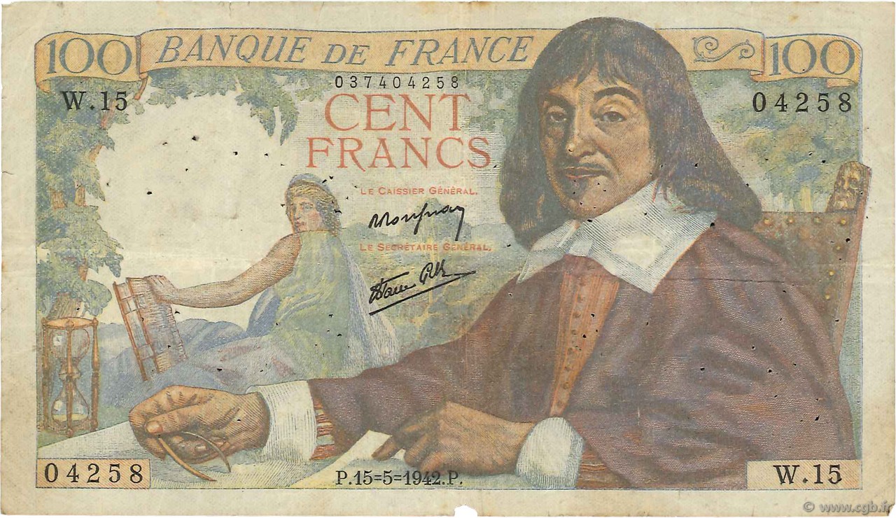 100 Francs DESCARTES FRANKREICH  1942 F.27.01 fS